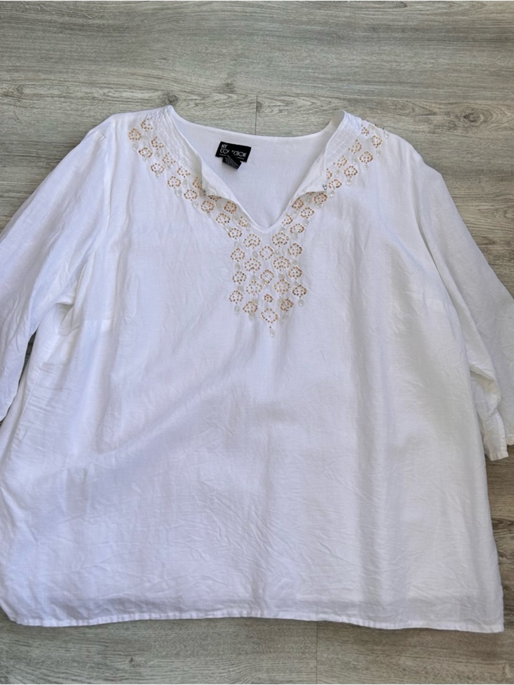 NY Collection WHITE Linen Beaded Top Blouse  Women's 2XL Lined Career Church